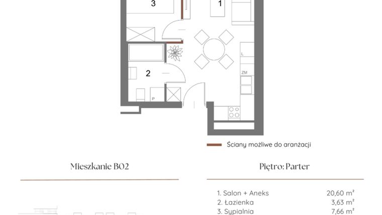 Rzut - Mieszkanie na sprzedaż 1 pokój o powierzchni 32,25 m² - numer B02 w Dąbrowskiego 9