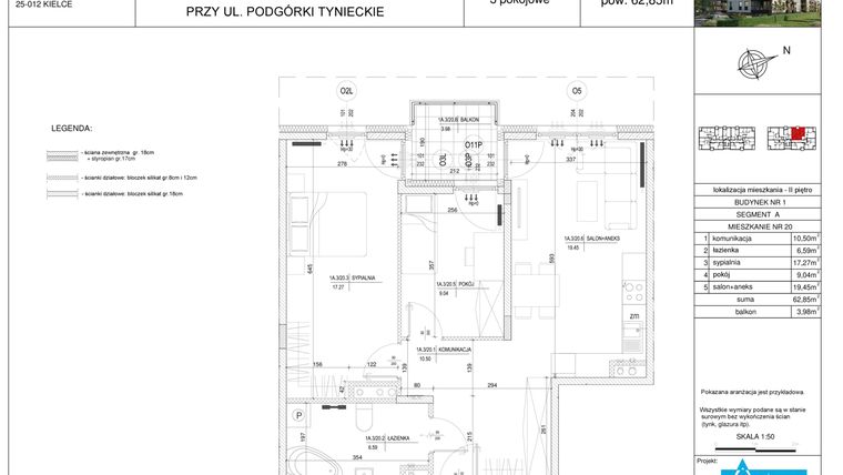Rzut - Mieszkanie na sprzedaż 3 pokoje o powierzchni 62,85 m² - numer A20 w Podgórki Tynieckie