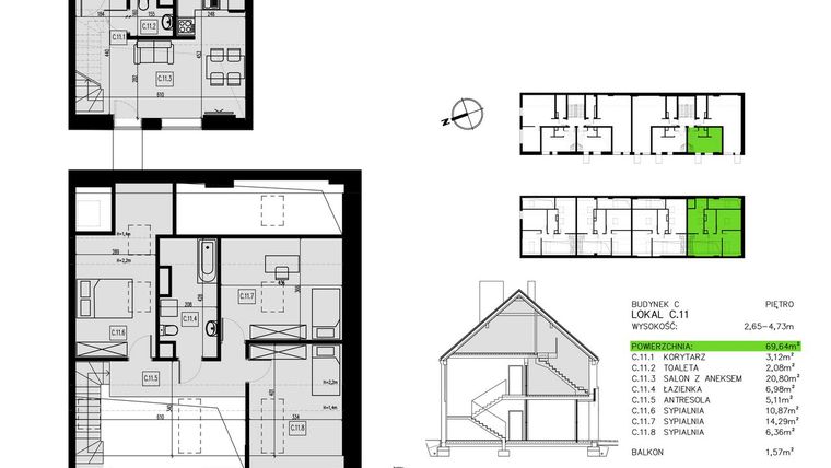 Rzut - Mieszkanie na sprzedaż 4 pokoje o powierzchni 72,26 m² - numer C.11 w Pawia od Nowa