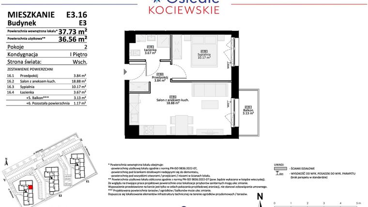 Rzut - Mieszkanie na sprzedaż 2 pokoje o powierzchni 36,56 m² - numer E3.16* w Osiedle Kociewskie bud. E