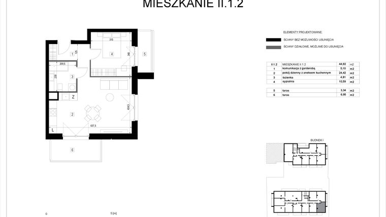 Rzut - Mieszkanie na sprzedaż 2 pokoje o powierzchni 44,92 m² - numer II.1.2 w Pryncypalna 66