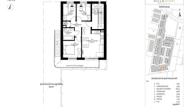 Rzut - Mieszkanie na sprzedaż 4 pokoje o powierzchni 54,96 m² - numer N2 w Villa Stoki (mieszkania)