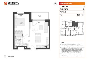 Rzut - Mieszkanie na sprzedaż 2 pokoje o powierzchni 38,84 m² - numer D.13 w Osiedle Warszawska etap II