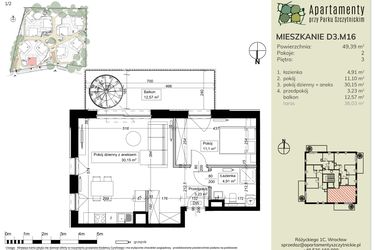 Rzut - Mieszkanie na sprzedaż 2 pokoje o powierzchni 49,44 m² - numer D3.M16 w Apartamenty przy Parku Szczytnickim