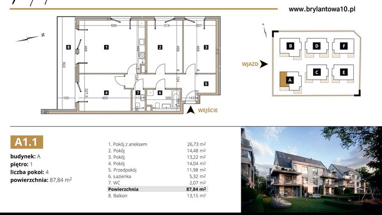Rzut - Mieszkanie na sprzedaż 4 pokoje o powierzchni 87,84 m² - numer A1.1 w Brylantowa 10
