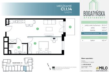 Rzut - Mieszkanie na sprzedaż 2 pokoje o powierzchni 47,45 m² - numer C1.1.14 w Bogatyńska Apartamenty etap 3