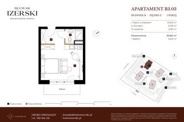 Rzut - Mieszkanie na sprzedaż 1 pokój o powierzchni 30,6 m² - numer B3.03 w Bulwar Izerski
