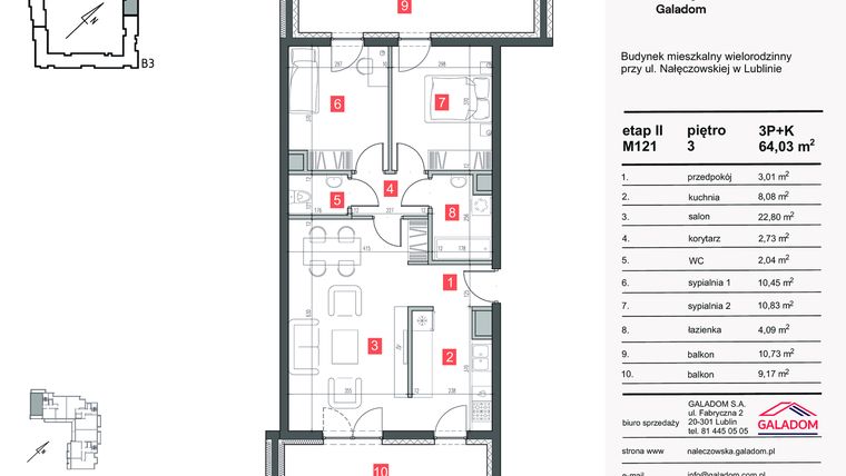 Rzut - Mieszkanie na sprzedaż 3 pokoje o powierzchni 64,03 m² - numer M-121 w Nałęczowska etap II