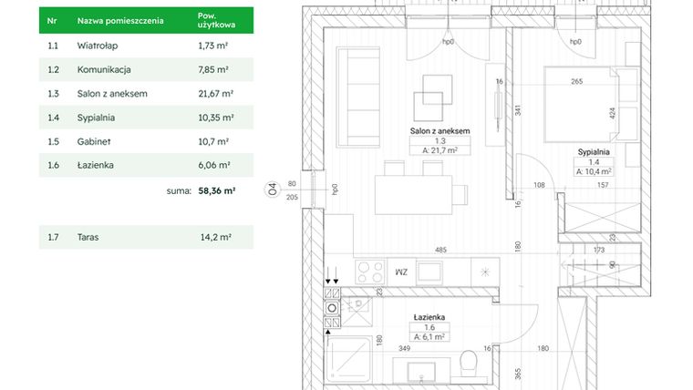 Rzut - Mieszkanie na sprzedaż 3 pokoje o powierzchni 58,36 m² - numer C1M1 w Nefrytowa Park