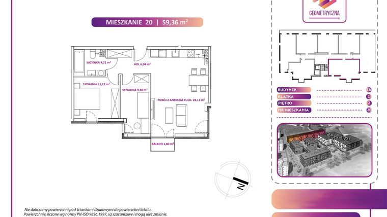 Rzut - Mieszkanie na sprzedaż 3 pokoje o powierzchni 59,36 m² - numer 20B w Geometryczna 5 - etap 3