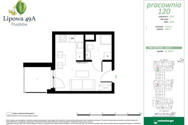 Rzut - Mieszkanie na sprzedaż 1 pokój o powierzchni 18,81 m² - numer 120C w Lipowa 49A - Apartamenty inwestycyjne