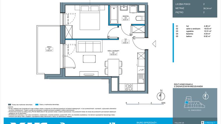 Rzut - Mieszkanie na sprzedaż 2 pokoje o powierzchni 38,3 m² - numer A.2.11 w Rakoczego 17