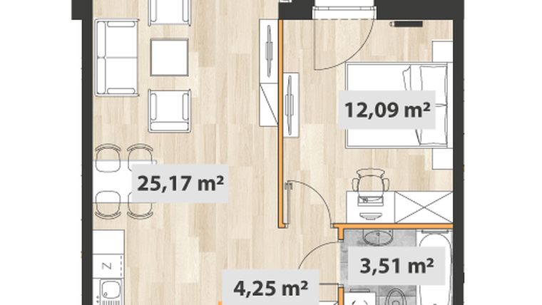 Rzut - Mieszkanie na sprzedaż 2 pokoje o powierzchni 45,87 m² - numer B.06.08 w Na Okrzei