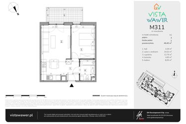 Rzut - Mieszkanie na sprzedaż 2 pokoje o powierzchni 46,45 m² - numer M311 w Vista Wawer