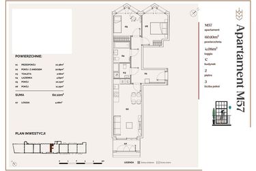 Rzut - Mieszkanie na sprzedaż 3 pokoje o powierzchni 60,1 m² - numer C.57 w Młyny Mogilska