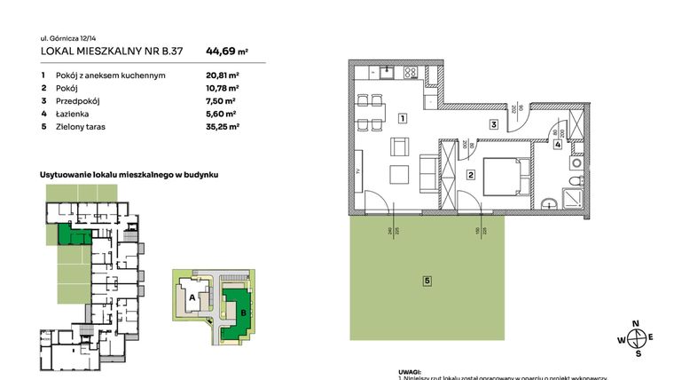 Rzut - Mieszkanie na sprzedaż 2 pokoje o powierzchni 44,69 m² - numer B.37 w Parkove Love