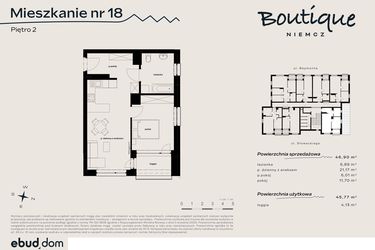 Rzut - Mieszkanie na sprzedaż 3 pokoje o powierzchni 46,9 m² - numer 18 w Boutique NIEMCZ