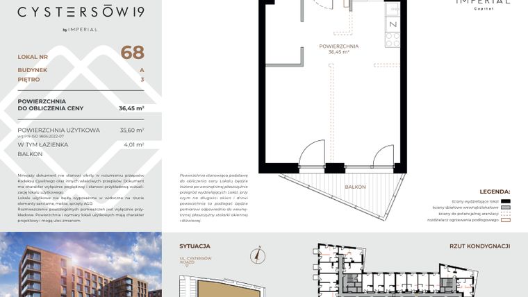 Rzut - Mieszkanie na sprzedaż 1 pokój o powierzchni 36,45 m² - numer 68 w Cystersów 19 - lokale inwestycyjne