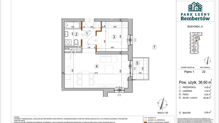 Rzut - Mieszkanie na sprzedaż 2 pokoje o powierzchni 36,6 m² - numer J1-22 w Park Leśny Rembertów etap VIII