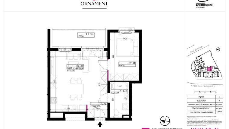Rzut - Mieszkanie na sprzedaż 2 pokoje o powierzchni 47,4 m² - numer 46 w Ornament