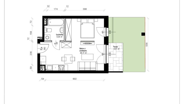Rzut - Mieszkanie na sprzedaż 1 pokój o powierzchni 32,91 m² - numer B.0.12.1a w ATRIUM