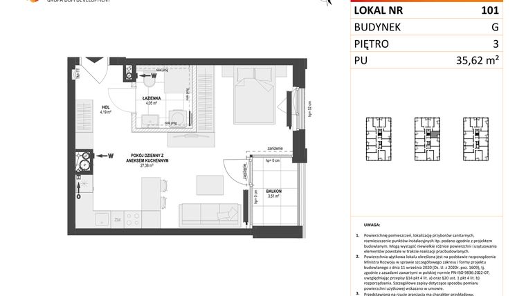 Rzut - Mieszkanie na sprzedaż 1 pokój o powierzchni 35,62 m² - numer G.101 w DOKI Living etap II