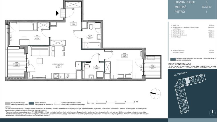 Rzut - Mieszkanie na sprzedaż 3 pokoje o powierzchni 65,59 m² - numer 117 w Portowa Zabłocie