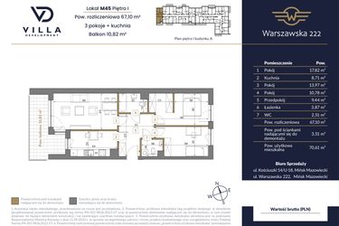 Rzut - Mieszkanie na sprzedaż 3 pokoje o powierzchni 67,1 m² - numer 45A w Warszawska 222