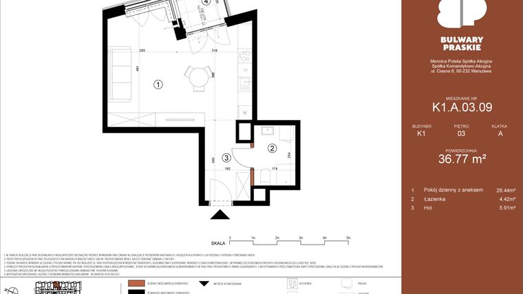 Rzut - Mieszkanie na sprzedaż 1 pokój o powierzchni 36,78 m² - numer K1.A.03.09 w Bulwary Praskie etap K i L