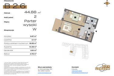 Rzut - Mieszkanie na sprzedaż 2 pokoje o powierzchni 44,88 m² - numer B 2.6 w City Łobzów