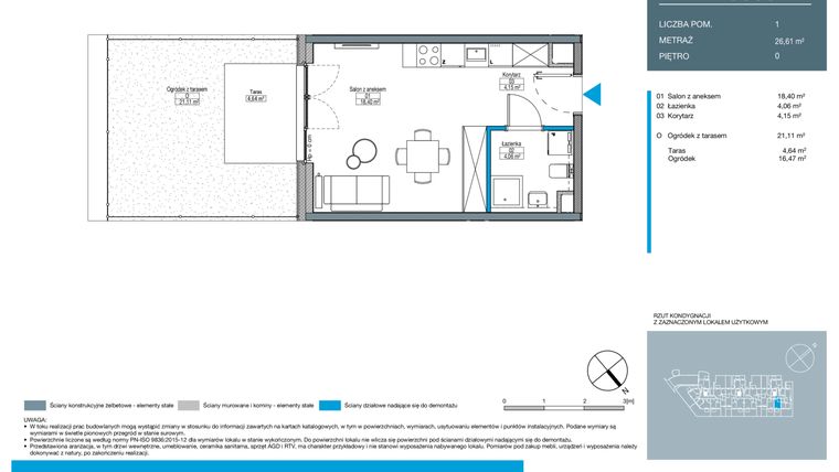 Rzut - Mieszkanie na sprzedaż 1 pokój o powierzchni 26,61 m² - numer DA0003 w Talarowa Park II