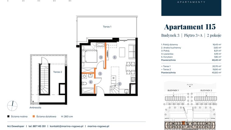 Rzut - Mieszkanie na sprzedaż 2 pokoje o powierzchni 40,43 m² - numer 115 w Apartamenty Marina Rogowo