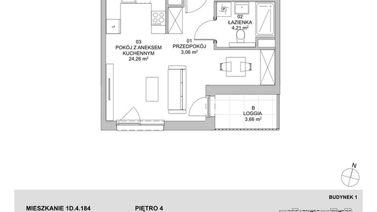 Rzut - Mieszkanie na sprzedaż 1 pokój o powierzchni 31,53 m² - numer 1D.4.184 w Francuska Park VIIIB