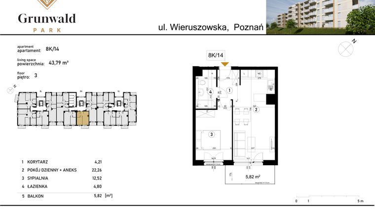 Rzut - Mieszkanie na sprzedaż 2 pokoje o powierzchni 43,79 m² - numer 8 K/14 w Grunwald Park