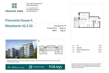 Rzut - Mieszkanie na sprzedaż 2 pokoje o powierzchni 38,5 m² - numer A2.2.02 w Premier Park II