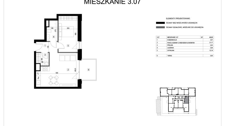 Rzut - Mieszkanie na sprzedaż 2 pokoje o powierzchni 43,55 m² - numer M3.07 w Verde Casa
