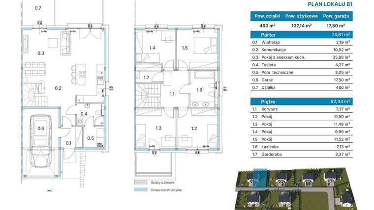 Rzut - Dom na sprzedaż 5 pokoi o powierzchni 137,14 m² - numer B1 w Domy Łozina