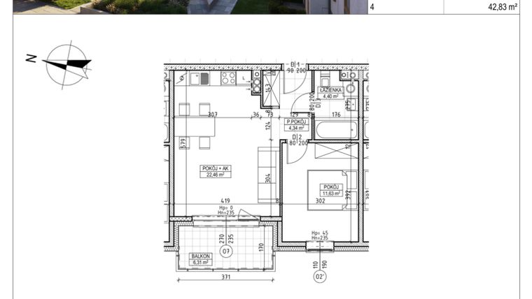Rzut - Mieszkanie na sprzedaż 2 pokoje o powierzchni 42,83 m² - numer M.B7.02.18 w Osiedle Harmonia bud. B7