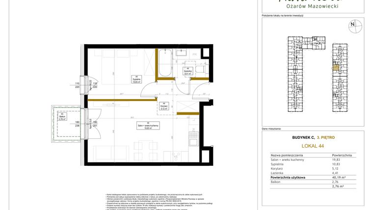 Rzut - Mieszkanie na sprzedaż 2 pokoje o powierzchni 40,19 m² - numer 44 w Aura Nova etap II