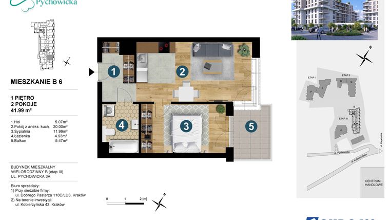 Rzut - Mieszkanie na sprzedaż 2 pokoje o powierzchni 41,99 m² - numer B6 w Kapelanka-Pychowicka Etap III
