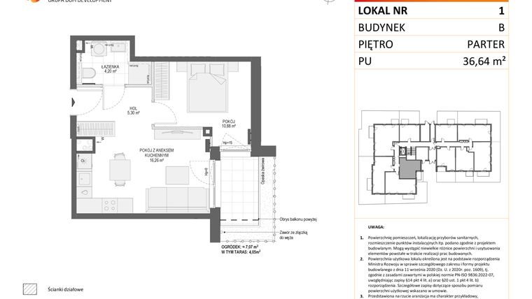 Rzut - Mieszkanie na sprzedaż 2 pokoje o powierzchni 36,64 m² - numer B1 w Osiedle Orzechowa