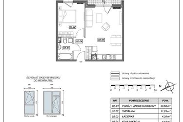 Rzut - Mieszkanie na sprzedaż 2 pokoje o powierzchni 43,88 m² - numer 9.B.02 w Nowe Południe bud. 9