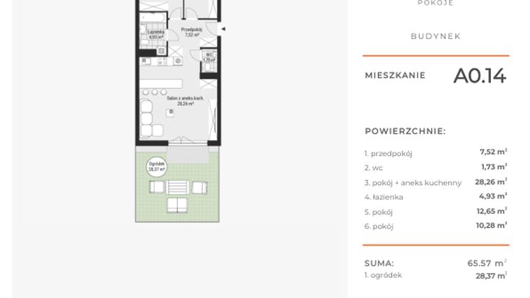 Rzut - Mieszkanie na sprzedaż 3 pokoje o powierzchni 65,49 m² - numer A0.14 w Enklawa Bukowa