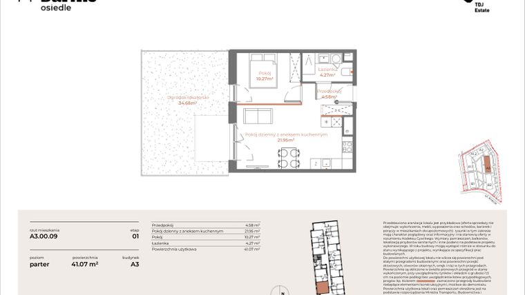 Rzut - Mieszkanie na sprzedaż 2 pokoje o powierzchni 41,07 m² - numer A3-00.09 w Sarnie Osiedle