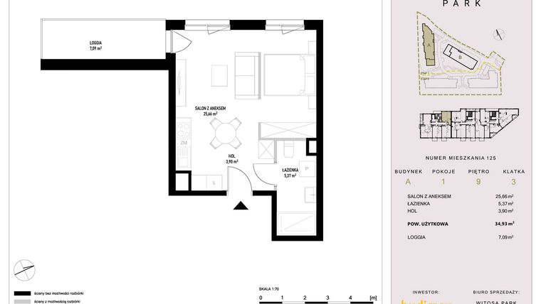 Rzut - Mieszkanie na sprzedaż 1 pokój o powierzchni 34,93 m² - numer A125 w Witosa Park