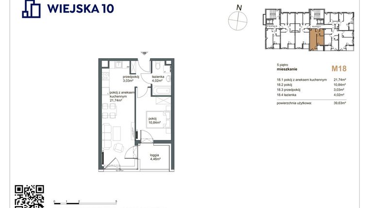 Rzut - Mieszkanie na sprzedaż 2 pokoje o powierzchni 39,63 m² - numer 18 w Wiejska 10