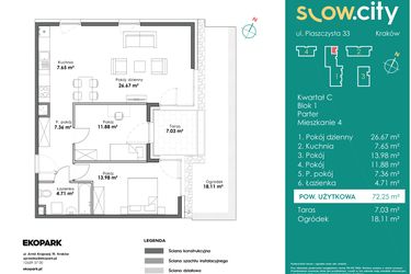 Rzut - Mieszkanie na sprzedaż 3 pokoje o powierzchni 72,25 m² - numer C1-4 w Slow City