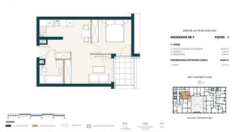 Rzut - Mieszkanie na sprzedaż 1 pokój o powierzchni 38,76 m² - numer 1. M3. w Przy Placu Wolności