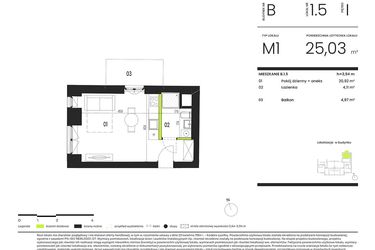Rzut - Mieszkanie na sprzedaż 1 pokój o powierzchni 25,03 m² - numer B.1.5 w Ogrody Staromiejskie