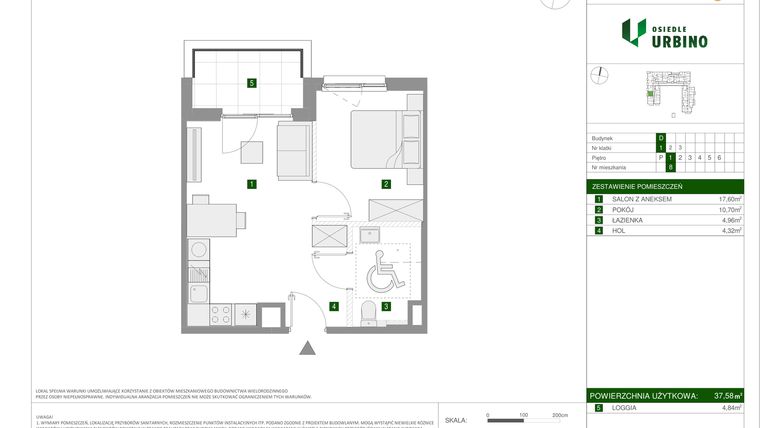 Rzut - Mieszkanie na sprzedaż 2 pokoje o powierzchni 37,58 m² - numer 8 w Osiedle Urbino etap 1.4